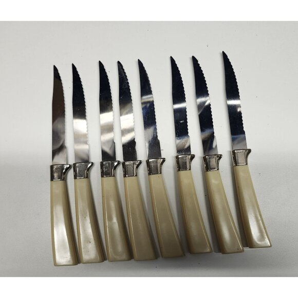 8- Regent Sheffield Bakelite Handle Steak Knives Vintage Set Leaf Cream Brown - Picture 5 of 6